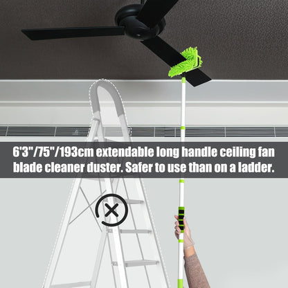 Ceiling Fan Cleaner Duster with 75'' Extension Pole, Flexible High Ceiling Fan Blades Cleaning Tool, Reusable Skinny Duster for Tight Spaces