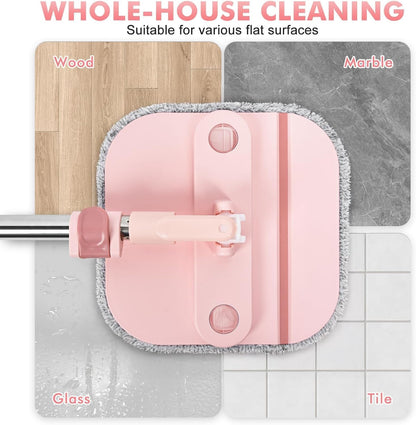Spin Mop and Bucket Set with 2 Replaceable Microfiber Mop Pads with Self Separation Dirty and Clean Water System, Self Wringing 360° Rotating Square Mop Head for Hardwood Tile Marble Floors
