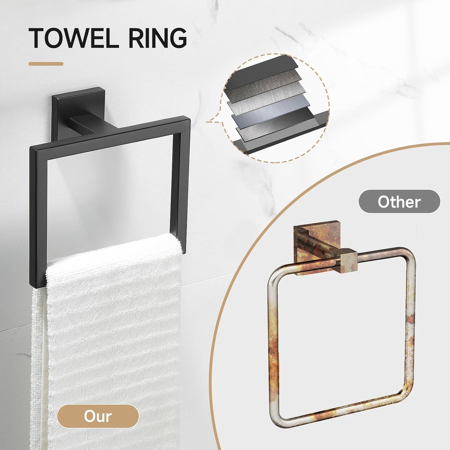 TQKAG Brushed Gold Bathroom Hardware Accessories Set 10 Pieces, 23.6" SUS304 Stainless Steel Towel Bar Set Wall Mounted Includes Single Towel Bar, Towel Ring, Toilet Paper Holder, Double Towel Hooks