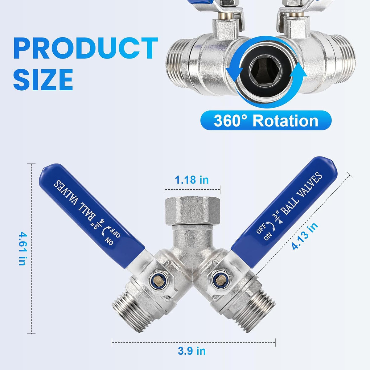 2 Way Garden Hose Splitter, 304 Stainless Steel Full Flow Y Valve with Long Blue Handle, Lead-Free 3/4" GHT Thread Hose Connector for Outdoor Faucet, Independent Shut Off Valves