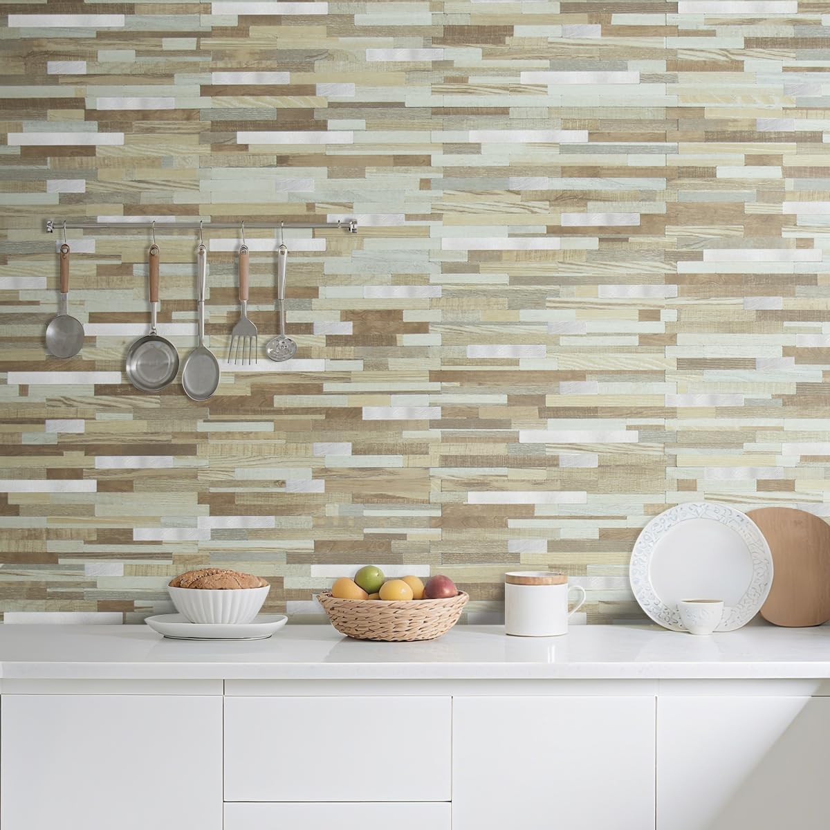 AULIGET 20 Sheets Peel and Stick Backsplash, Black & Grey Wood Look PVC Mixed Metal Stick on Backsplash Tiles for Kitchen