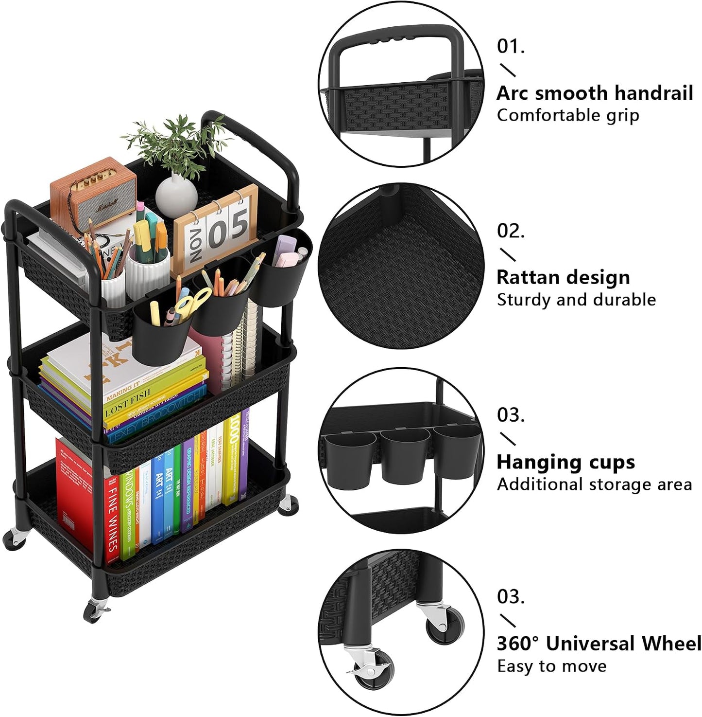 MOYIPIN 3-Tier Plastic Rolling Utility Cart with Handle,Utility Storage Cart for Office, Living Room, Kitchen,Movable Storage Organizer Shelves,White