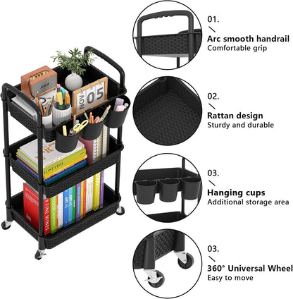MOYIPIN 3-Tier Plastic Rolling Utility Cart with Handle,Utility Storage Cart for Office, Living Room, Kitchen,Movable Storage Organizer Shelves,White