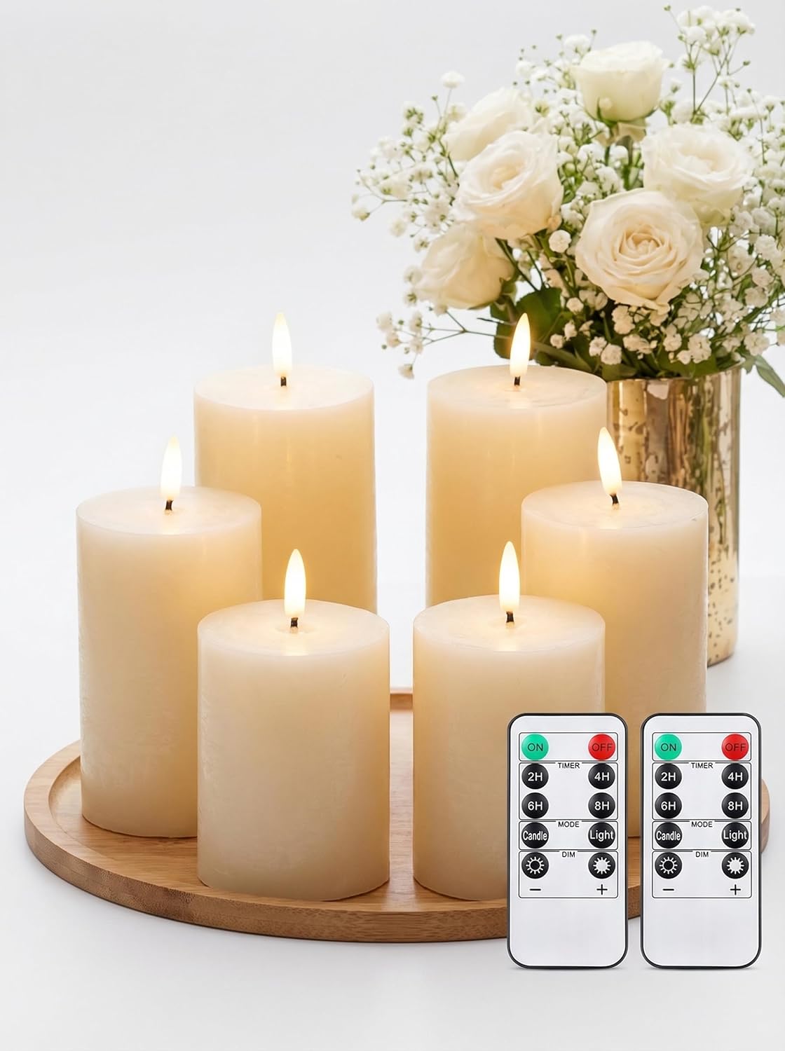 Leelosp 6 Pack Flameless Candles with Remote Timer, Battery Operated Flickering Flameless Candles Bulk Flat Top Pillar LED for Wedding Festival Outdoor Home Decor D 3'' H 4'' 5'' 6''(White)