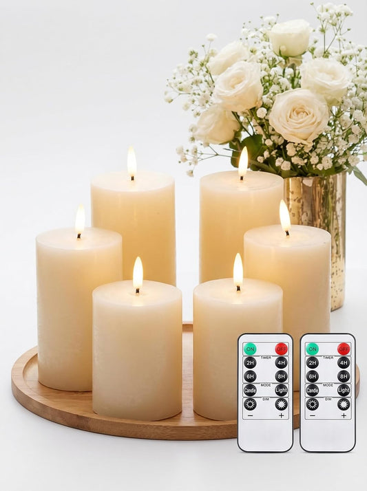 Leelosp 6 Pack Flameless Candles with Remote Timer, Battery Operated Flickering Flameless Candles Bulk Flat Top Pillar LED for Wedding Festival Outdoor Home Decor D 3'' H 4'' 5'' 6''(White)