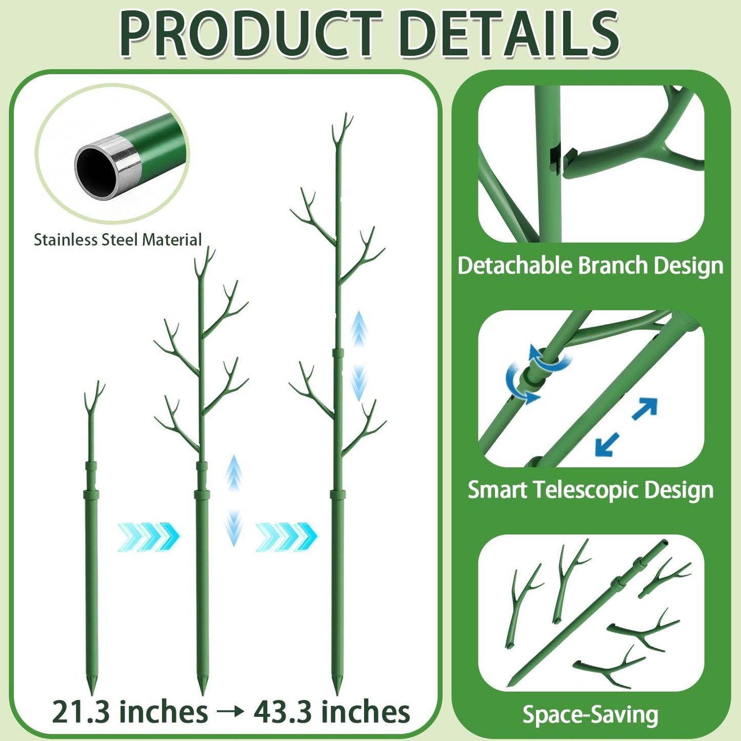 Telescoping Monstera Plant Support Stakes,17.3IN to 43.3IN Detachable Branch Plant Sticks Support Tall for Indoor Outdoor Climbing Plants,Adjustable Length Plant Accessories for Potted Plant-2 Pack