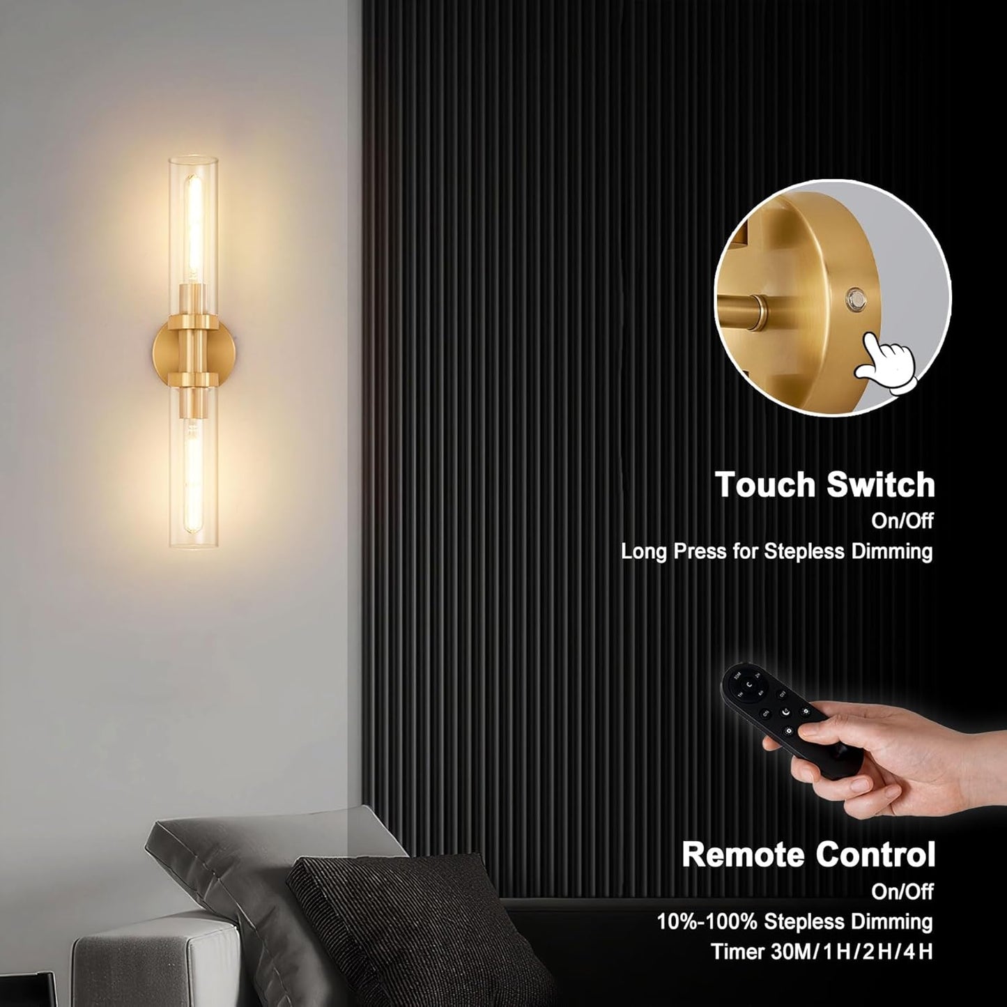 SANTOSTOCK Gold Battery Operated Wall Sconce Set of 2, 12000mAh Rechargeable Wall Lights with Remote Control, Wireless Dimmable Wall Lamps for Bedroom Living Room Bathroom Hallway Stairwell
