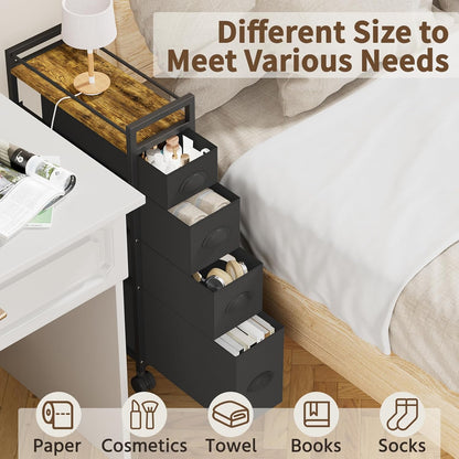 LASZOLA 5 Drawer Narrow Dresser Slim Cabinet Skinny Storage Tower Chest, Ideal for Small Spaces Bathroom, Between Washer and Dryer, Lightweight Mobile on Wheels, Sturdy Fabric Drawers, Black