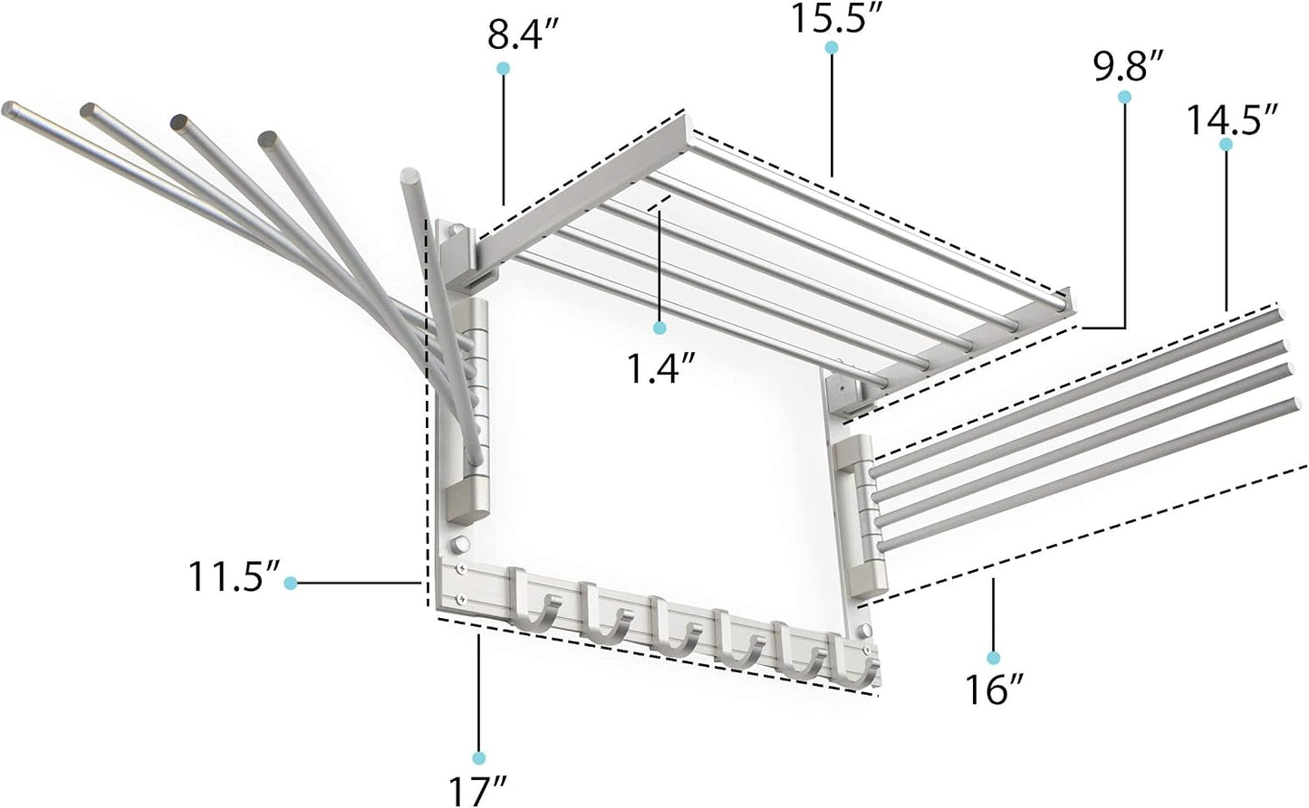 BGT Wash Clothes Drying Rack Wall Mount Laundry Room Organizer with Hooks & Swing Arms, 17" Metal Laundry Rack Silver