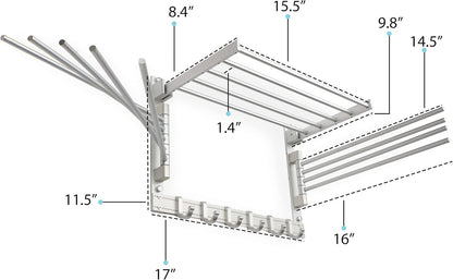 BGT Wash Clothes Drying Rack Wall Mount Laundry Room Organizer with Hooks & Swing Arms, 17" Metal Laundry Rack Silver