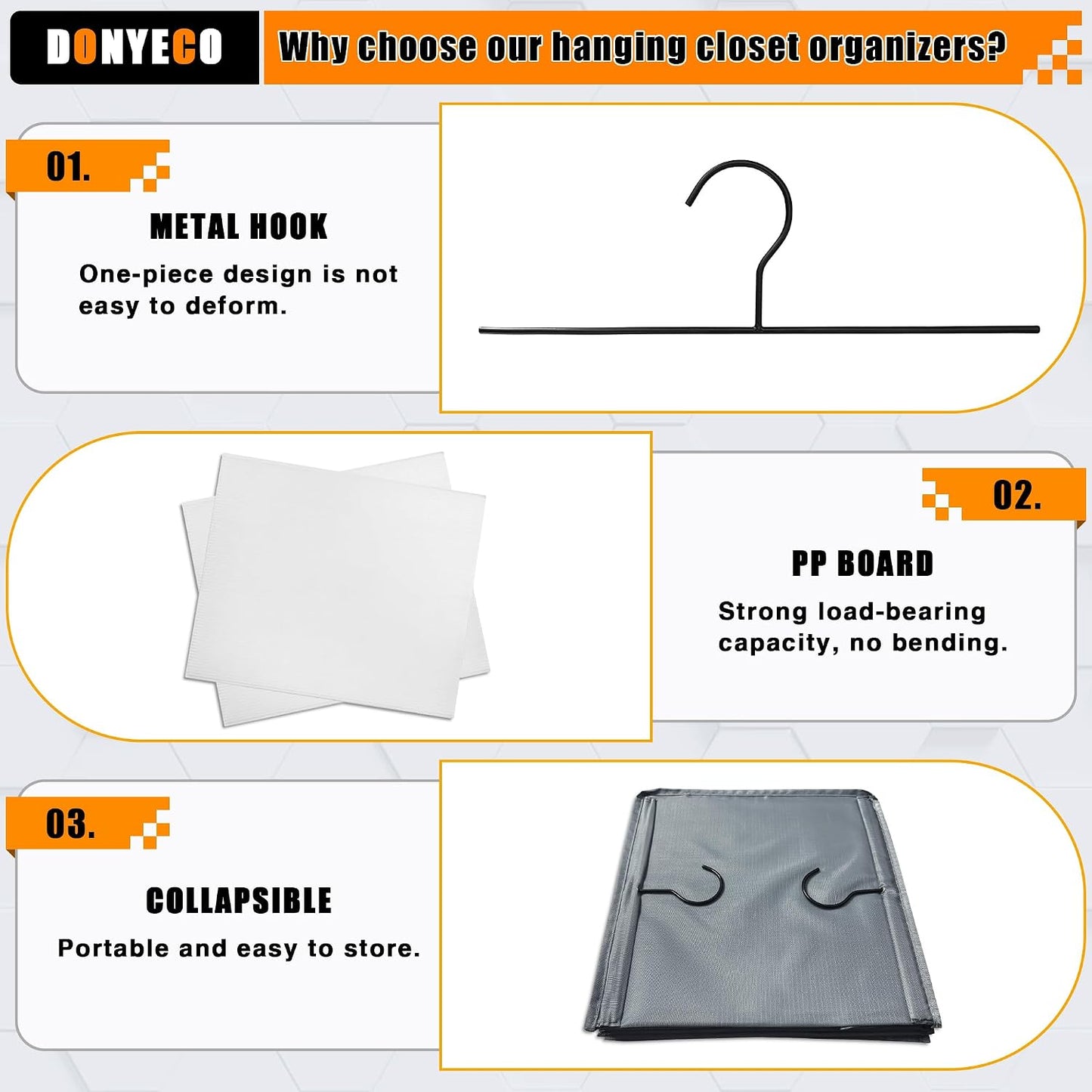 Hanging Closet Organizer 3-Shelf, Oxford Fabric Wardrobe Storage, Gray | Easy-mount foldable design holds clothes, handbags, shoes & accessories; washable Oxford fabric, sturdy and space-saving.
