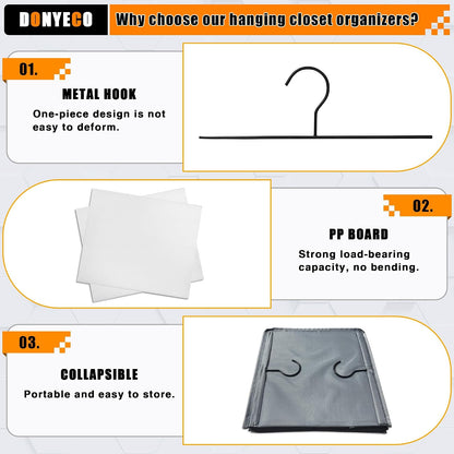 Hanging Closet Organizer 3-Shelf, Oxford Fabric Wardrobe Storage, Gray | Easy-mount foldable design holds clothes, handbags, shoes & accessories; washable Oxford fabric, sturdy and space-saving.