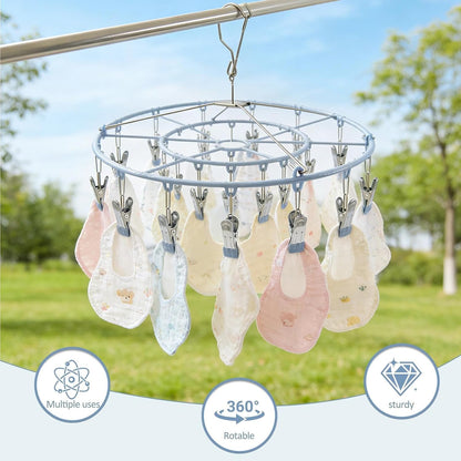HSJH Stainless Steel Clothe Drying Rack Laundry Drip Hanger 24 Clip Metal Clothespins Round Underwear Lingerie Sock Hat Boot Large Heavy Duty Portable Indoor Outdoor Baby Wet and Dry Dryer (24 Round)