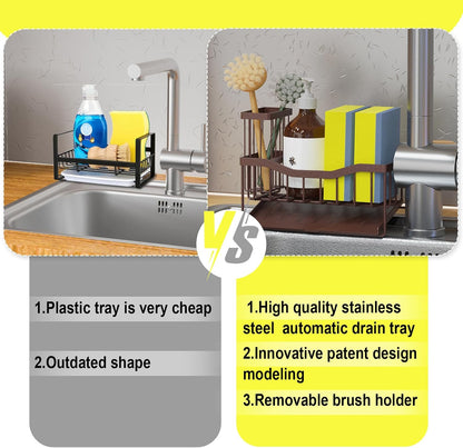 Maifan Sink Caddy Sponge Holder for Kitchen with Brush Holder and Stainless Steel Self Drain Tray, Rustproof Kitchen Sink Organizer for Sponge, Soap Dispenser Storage Accessories (Lacquer Silver)