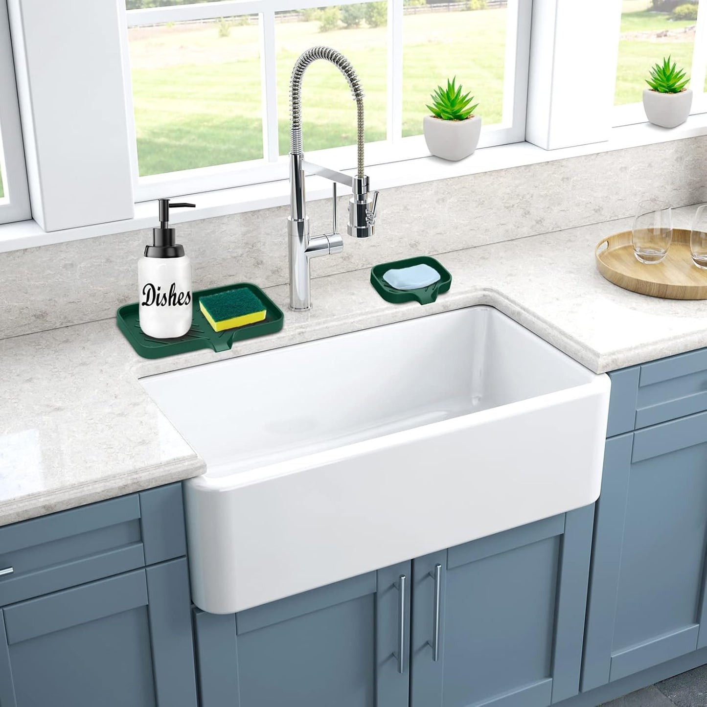 Kitchen Soap Tray,Kitchen Sink Tray Sponge Tray Kitchen Sponge Holder Self Draining Premium Silicone Soap Holder for Bathroom Counter Sink Caddy Organizer for Dish Soap Bottle,Soap Dispenser