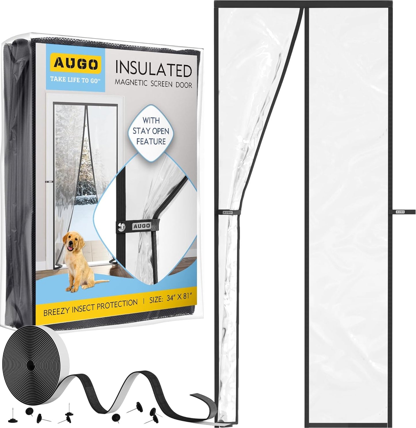 AUGO Heavy Duty Magnetic Screen Door – Fiberglass Pet Resistant Mesh, Self Sealing Hands Free Magnetic Closure, Tear Resistant Door Screen Keeps Bugs Out, Patent Pending Keep Open Feature – 38” x 83”