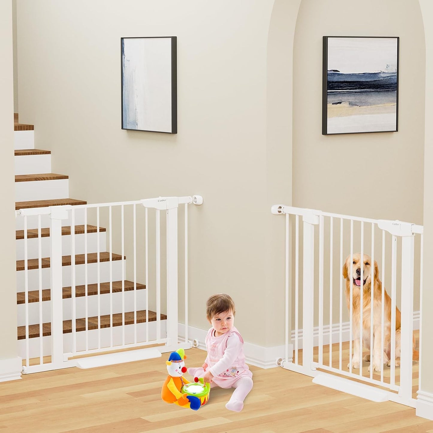 Cumbor 29.7-48" Baby Gate for Stairs, Mom's Choice Awards Winner-Dog Gate for Doorways, Auto Close Safety Pet Gate for Dogs Indoor, Easy Install Pressure Mounted Child Gate with Walk Thru Door, Brown