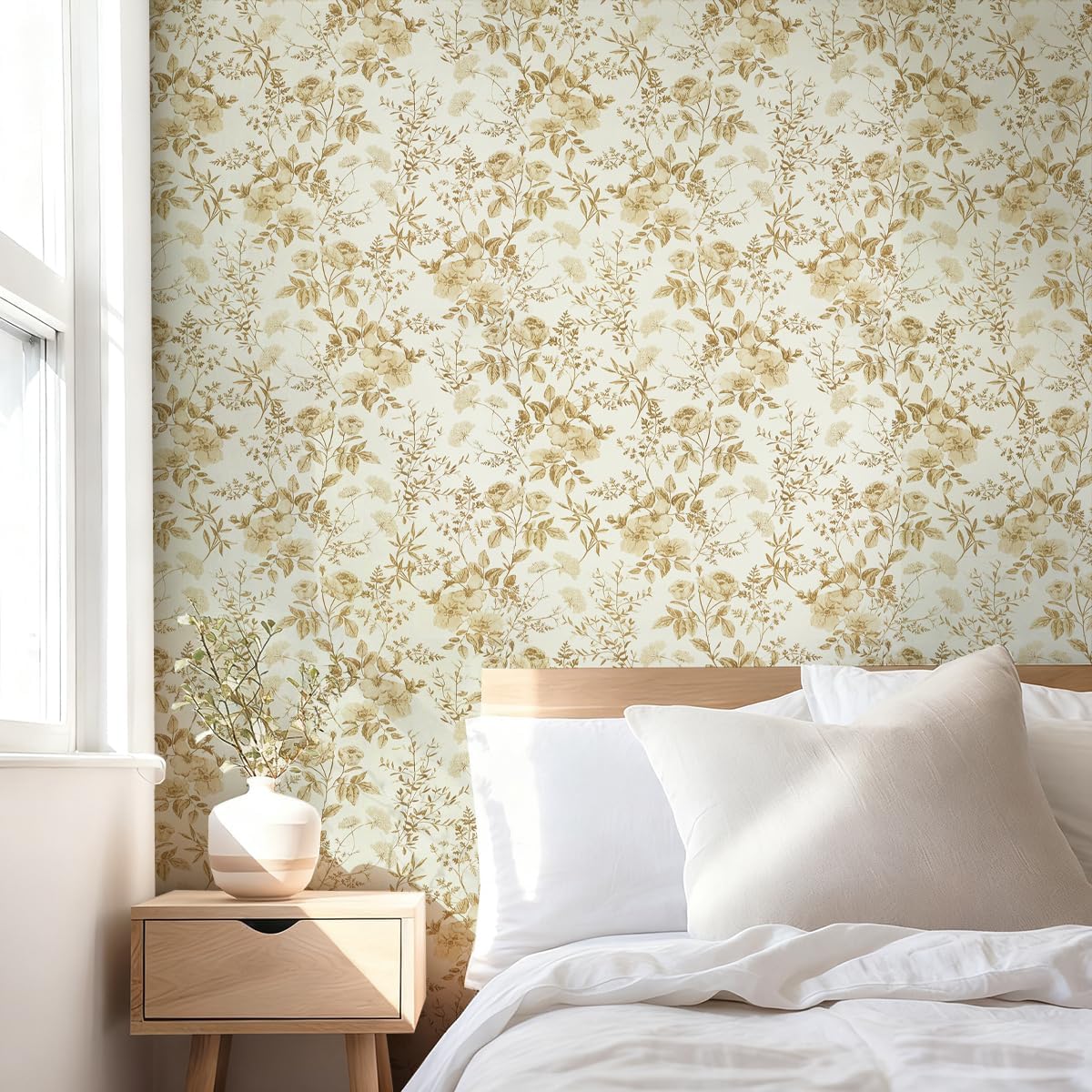 Erfoni 16.9" x118" Boho Floral Peel and Stick Wallpaper Beige Flower and Leaf Contact Paper Self Adhsive Removable Wallpaper Boho Botanical Wall Paper for Bedroom Cabinets Decor Vinyl Roll Waterproof