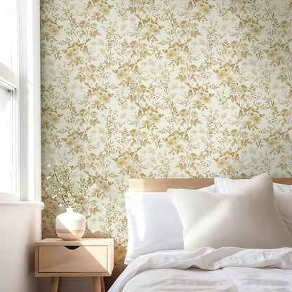 Erfoni 16.9" x118" Boho Floral Peel and Stick Wallpaper Beige Flower and Leaf Contact Paper Self Adhsive Removable Wallpaper Boho Botanical Wall Paper for Bedroom Cabinets Decor Vinyl Roll Waterproof