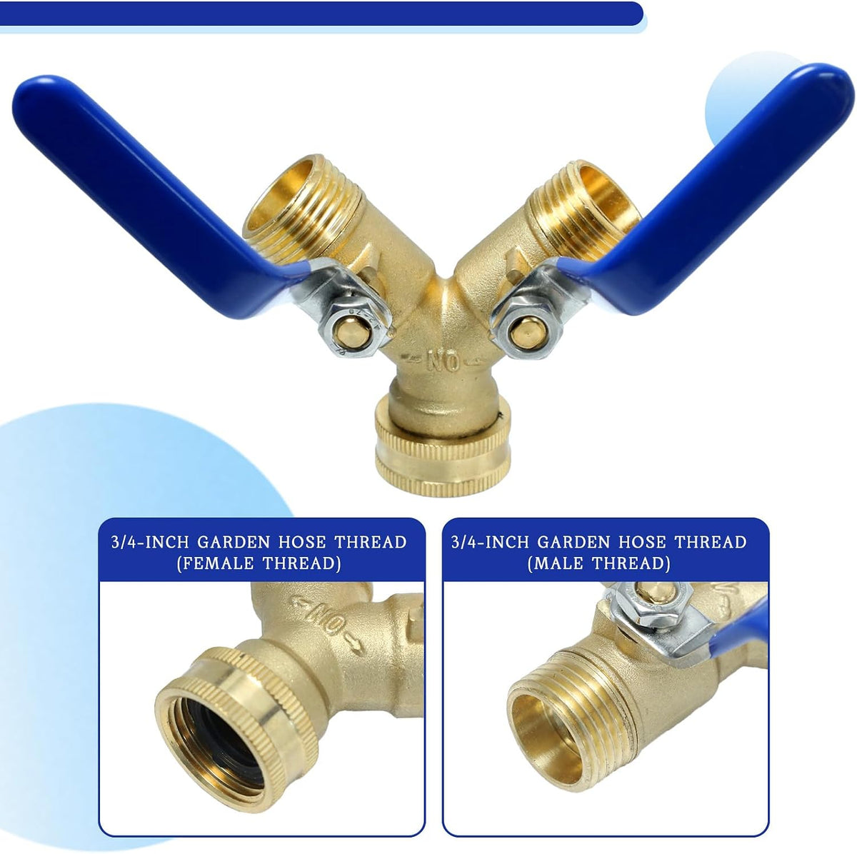 Garden Hose Y Valve Splitter Brass Hose Splitter, 3/4" GHT Thread 2 Way Heavy Duty Valve Water Garden Hose Tap Adapter, Long Handle Outdoor Full Flow Hose Splitter Connector