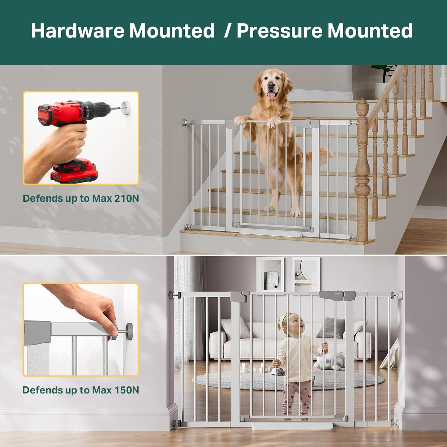 Cumbor 29.7-48" Baby Gate for Stairs, Mom's Choice Awards Winner-Dog Gate for Doorways, Auto Close Safety Pet Gate for Dogs Indoor, Easy Install Pressure Mounted Child Gate with Walk Thru Door, Brown
