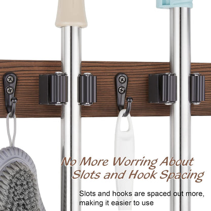 OUTNILI Mop and Broom Holder Wall Mount - Wood Broom Mop Hanger - Wall Mounted Garden Tool Rack Organizer for Closet Garage Laundry Room for Rustic Kitchen Decor With 5 Slots & 4 Hooks