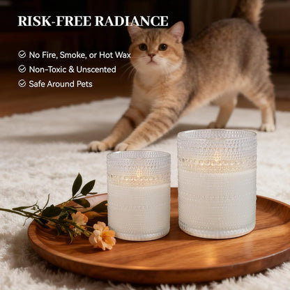 Dotted Glass Flameless Candles with Remote Timer, Real Wax Battery Operated LED Pillar Candles with 3D Flickering Flame for Festival Wedding Home Party Decor, 3" x 4", 4" x 5", Set of 2 (White)