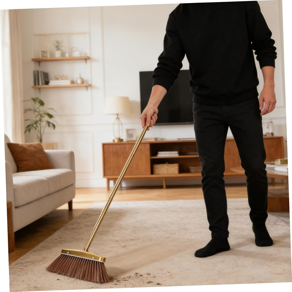 UKCOCO Heavy Duty Gold Stainless Steel Broom with Detachable Handle, Thick Fine Bristle Floor Sweeper for Indoor Hardwood and Outdoor Patio Cleaning