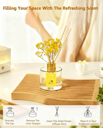 Reed Diffuser Set-Lemon Verbena Scent Fragrance Oil Diffuser with 6 Reed Sticks | Home & Bedroom Bathroom Decor,3.38 fl oz (100ml)