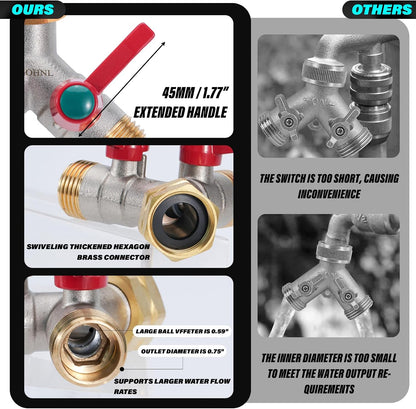 Hose Splitter 2 Way, Y-Valve Water Spigot Splitter, High Flow Faucet Splitter, 3/4" GHT Thickened Hexagonal Water Inlet with 2 Garden Hose Coiled Spring Protectors and 2 More Extension Handles