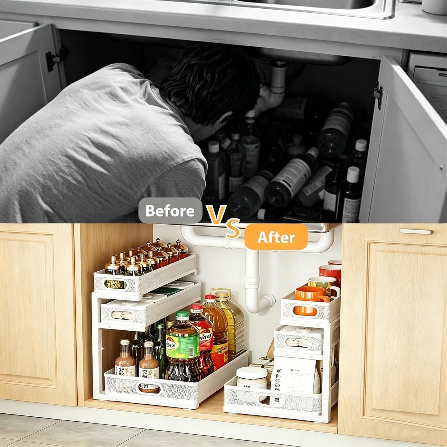 2 Pack Under Sink Organizer, 3-Tier Pull Out Kitchen Cabinet Organizer with 5 Adjustable Heights Metal Slide Out Bathroom Storage Makeup Drawer Rack for Bedroom Office Pantry Home Organization, White