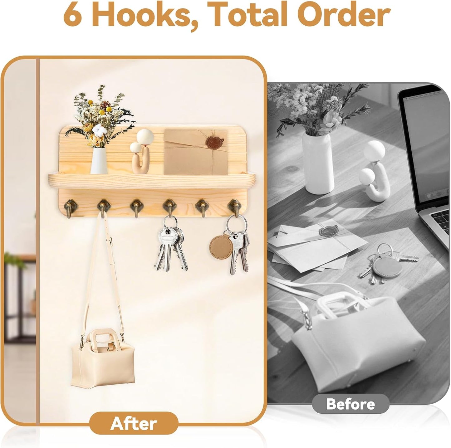 Key Holder for Wall, Mail Organizer Wall Mount with 6 Hooks Wooden Hanging Key Rack for Home Decor, Hallway, Entryway (Brown)