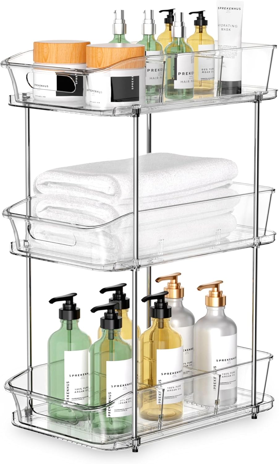 incostar 2 Tier Pull-Out Organizer for Bathroom Kitchen, Under Sink Storage with Dividers, Ideal for Cabinet, Cupboard Organization, Slide-Out Clear Storage, 1 Pack