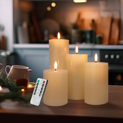 Flickering Flameless Candles, Real Wax Battery Operated Candles with Remote, Flat Top Led Flameless Pillar Candles for Home, Wedding, Party Decor, Set of 4, Φ 3" H 4" 5" 6" 8", Ivory