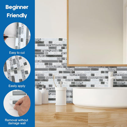 Yipscazo 10 Sheets Peel and Stick Backsplash for Kitchen Wall, 12''x12'' Waterproof Stick on Backsplash Smart Tiles for Bathroom,Removable Backsplash Wall Tiles in Gray White
