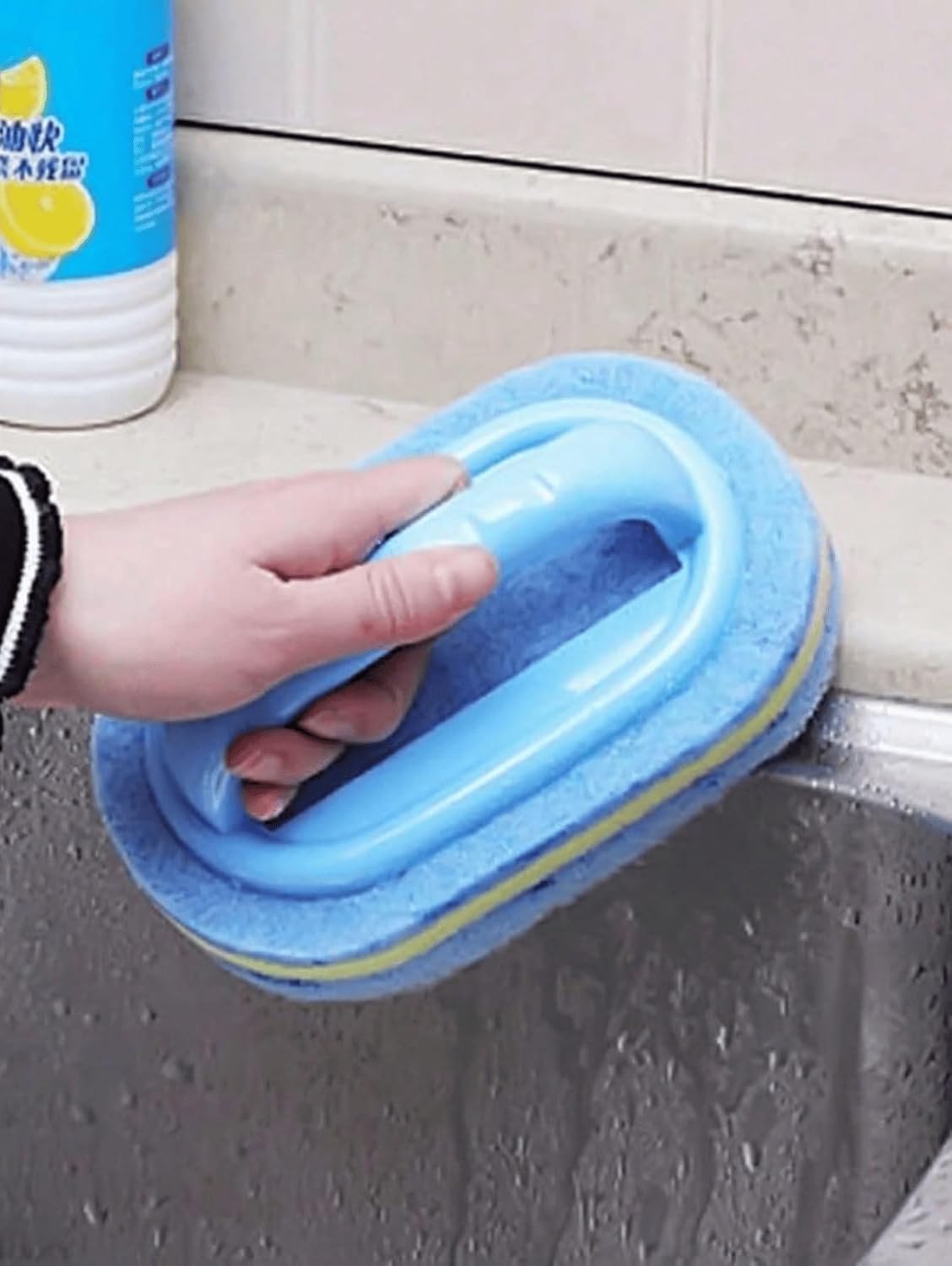 Ergonomic Long Handle Sponge Brush Set Durable Scouring 3 Pack Pad Shower Scrubber for Bathroom Bathtub Tile Grout Kitchen Sink Pot Cleaning Tool Non Scratch Heavy Duty Wand (Hot Pink)