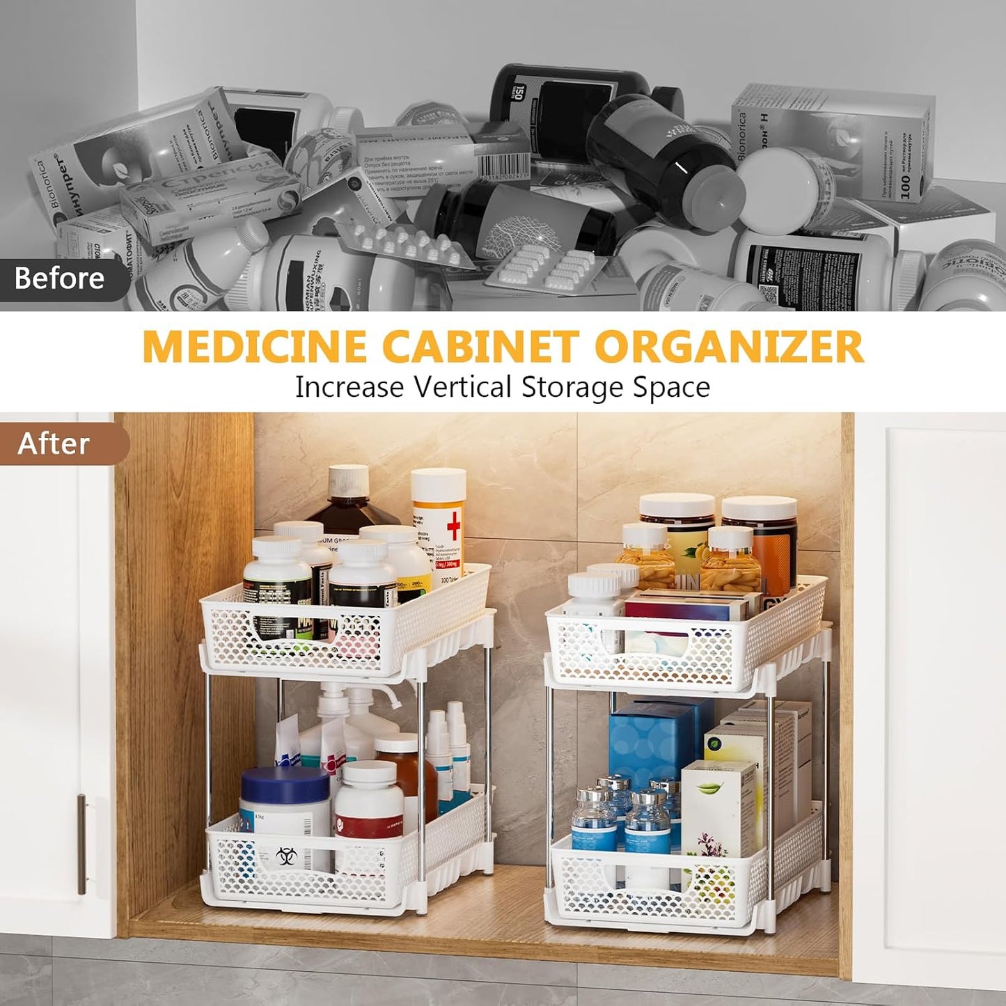 DABIGE 2 Pack Pull Out Bathroom Organizers and Storage, 2 Tier Stackable Under Sink Storage Organizer for Bathroom, Kitchen Cabinet, Pantry, and Medicine Holder, Organization and Storage - White
