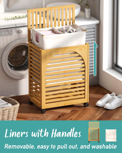 Black Laundry Hamper with Wheels, Laundry Basket with Lid, 22.5 Gallon (85L) Bamboo Wood Clothes Laundry Hamper 2 Section with Handles, Removable Liner