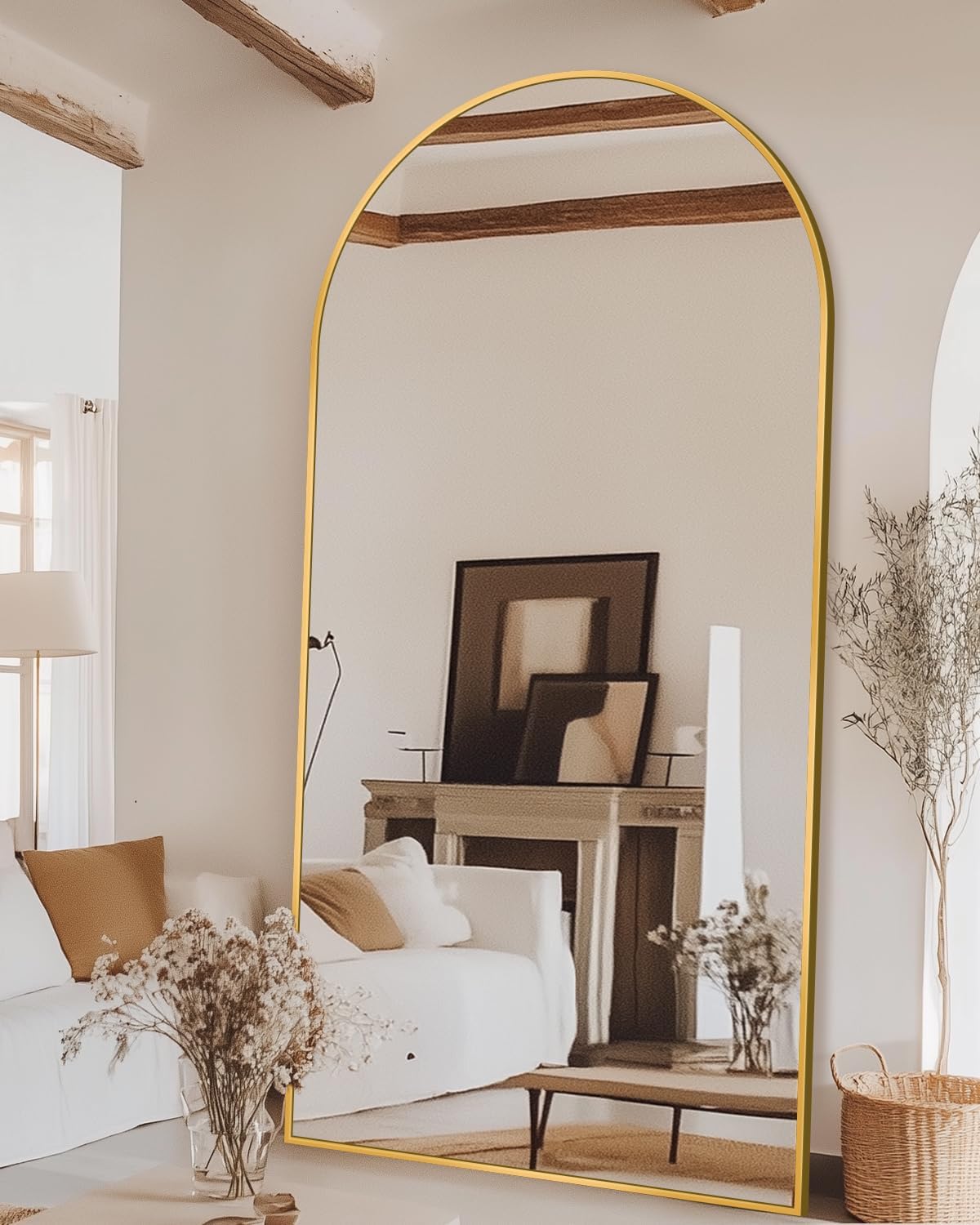 Full Length Mirror with Stand, 71"x28" Arched Full Body Large Stand Up Aluminum Frame Floor Standing Mirror, Freestanding Hanging Leaning Mounted for Bedroom Living Room Entryway Gold