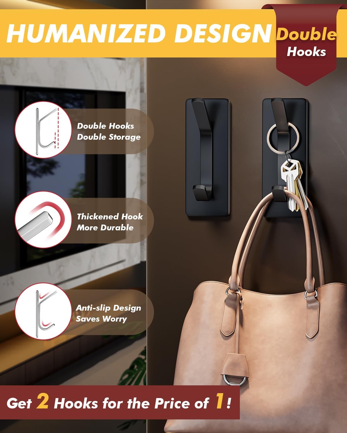 Auxmir Self Adhesive Hooks 15lbs Heavy Duty, 5 Pack Stainless Steel Wall Hooks for Coat Towel Robe, Waterproof Rustproof Oilproof, No Drill Door Hanger for Bathroom Shower Kitchen Office RV, Silver