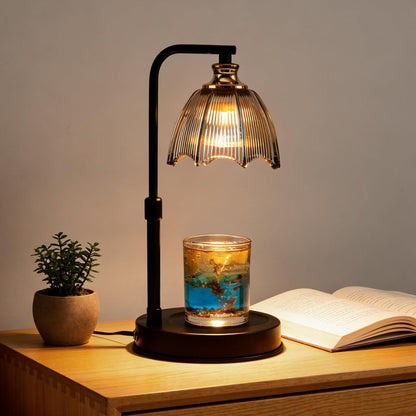Candle Warmer Lamp with Timer, Dimmer, Vintage Glass Shade | Adjustable height, 2/4/8-hour timer, wood base, 2 bulbs included