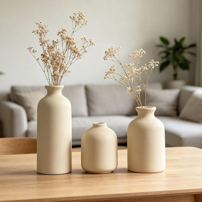 Small Ceramic Vase Set of 3, Boho Home Decor Vases for Dried Flowers,Farmhouse,Shelf,Bathroom,Centerpiece for Entryway Table Decoration Gifts