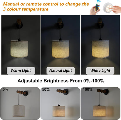 XSDeTu Rechargeable Battery Operated Wall Sconces Set of 2, Modern Battery Powered Wall Light with Wooden Arm & Remote Control, Adjustable 3 Colors Dimmable Wall Lamps for Bedroom, Living Room