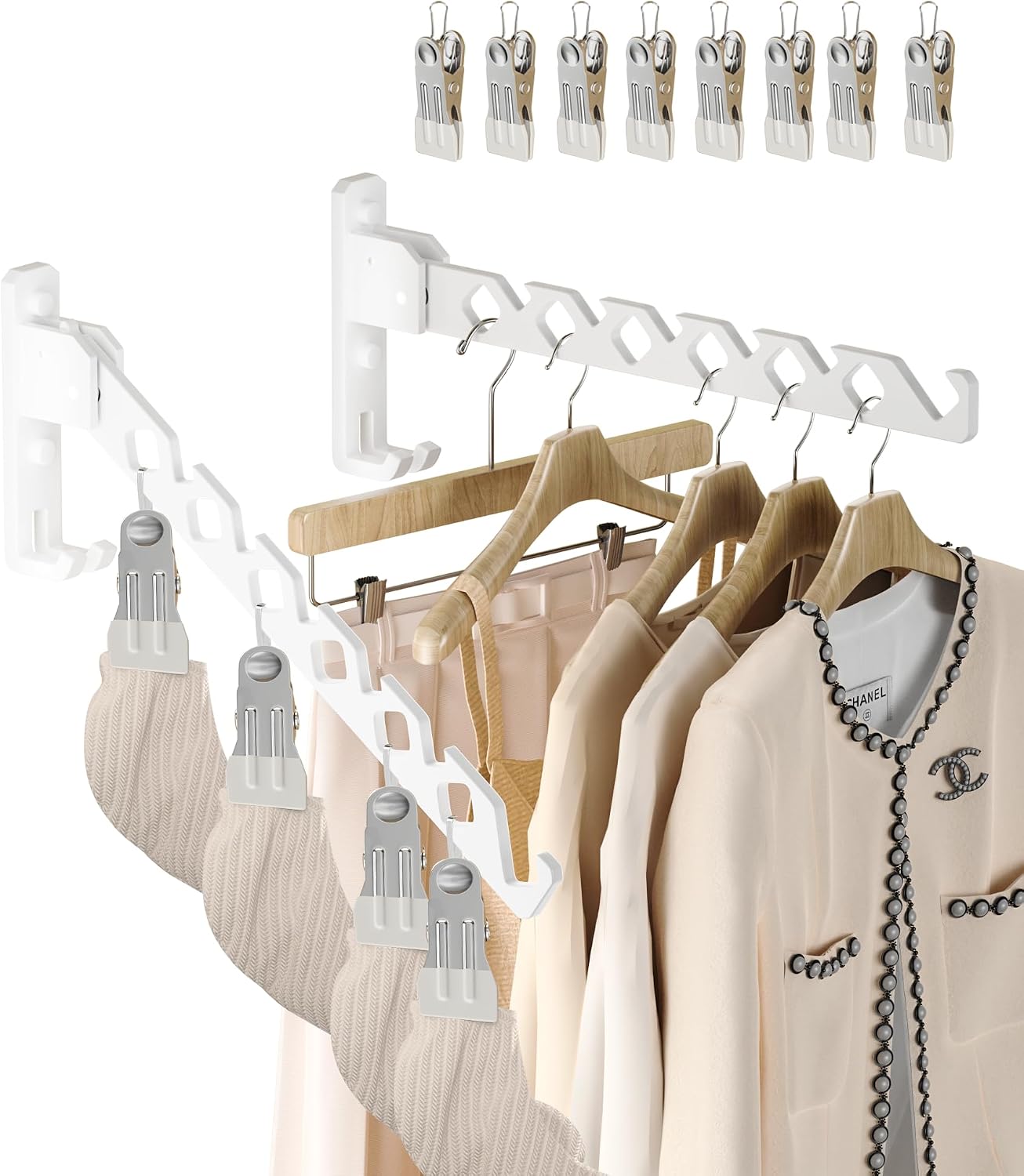 Dr.DJ Wall Mount Coat Hanger Holder Black Clothes Drying Organizer Rack Garment Hooks Aluminium Retractable Folding Indoor Wall Mounted Hanger Space Saver for Laundry Room Bedroom Black 2Pack