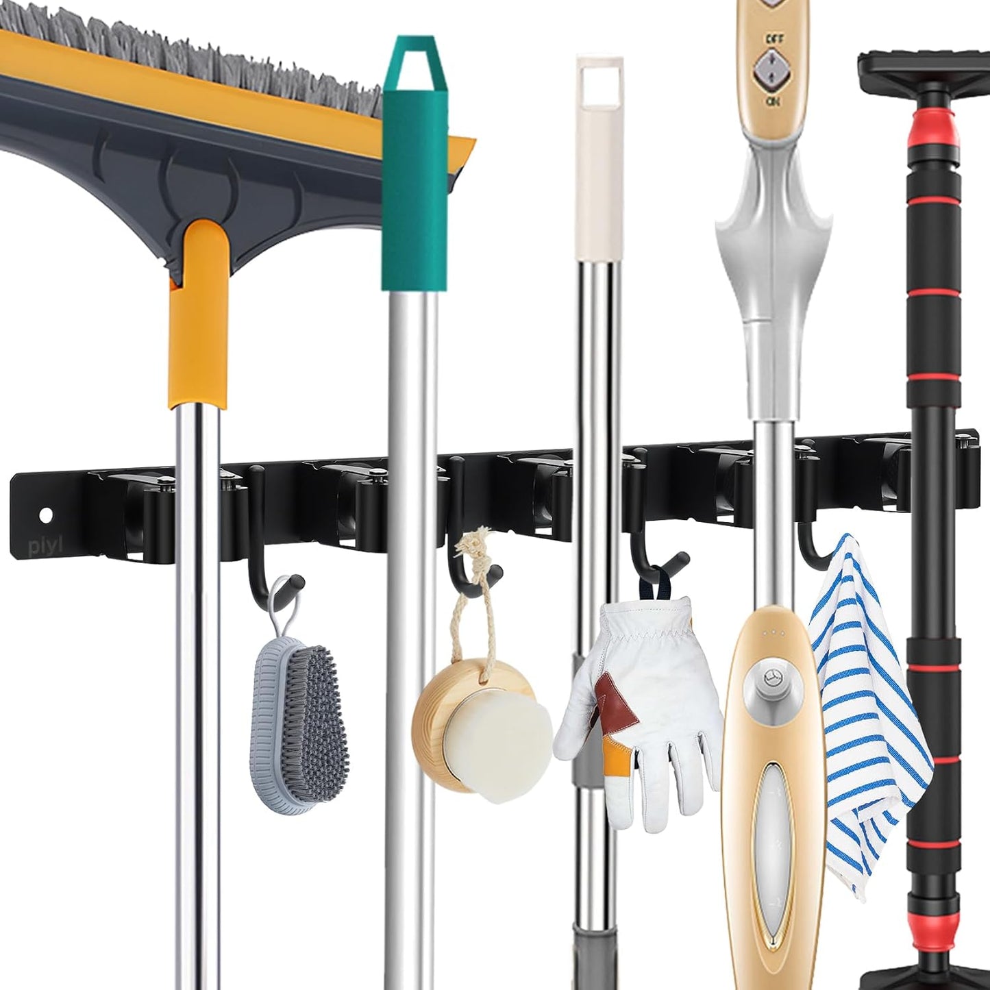 Broom Mop Holder Wall Mount Broom Hanger Wall Mounted Metal Organization Garage Storage Garden Kitchen Tool Organizer With 4 Racks and 5 Hooks (Silver, 1 Pack 3R4H)…