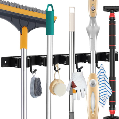 Broom Mop Holder Wall Mount Broom Hanger Wall Mounted Metal Organization Garage Storage Garden Kitchen Tool Organizer With 4 Racks and 5 Hooks (Silver, 1 Pack 3R4H)…
