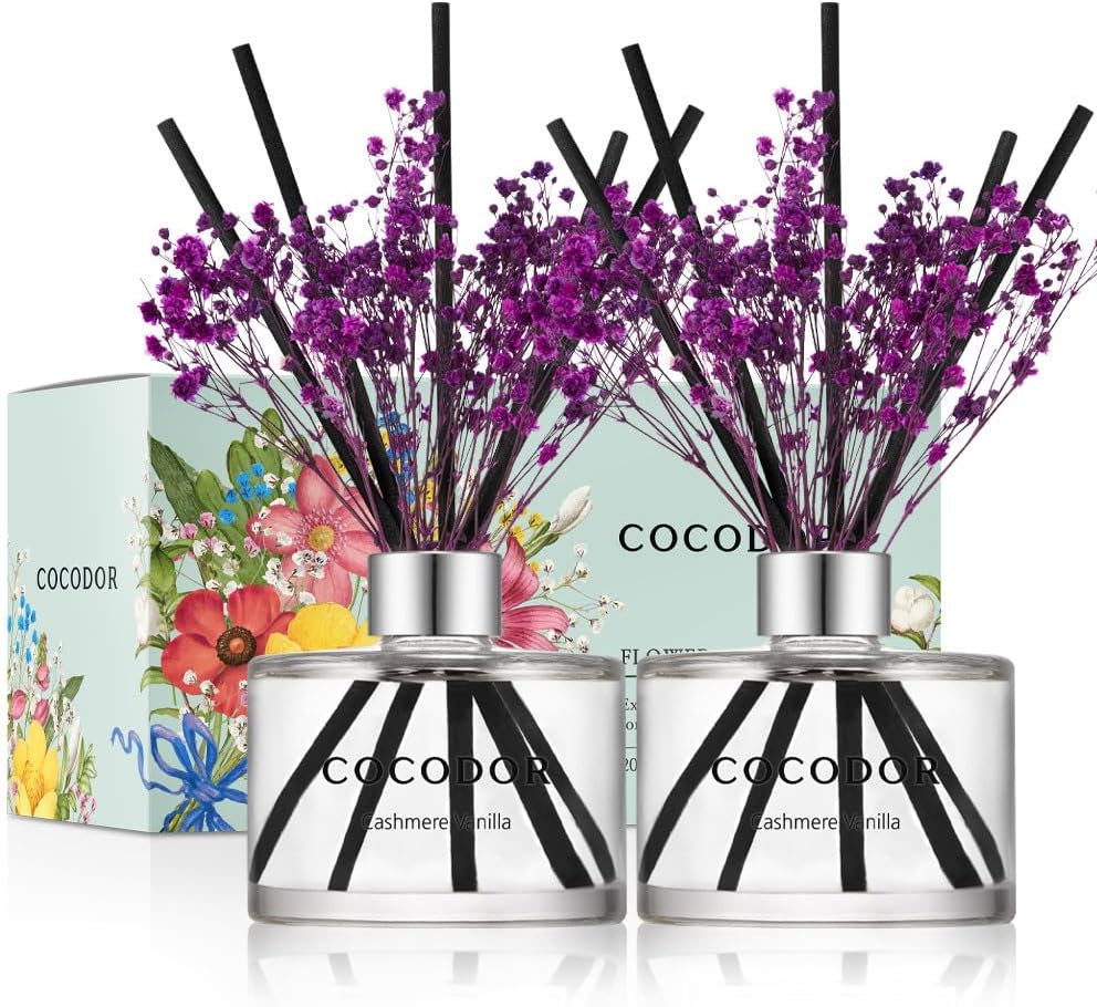 COCODOR Flower Reed Diffuser Set / 6.7oz / Cashmere Vanilla/Scent Diffuser with Sticks Home Fragrance Reed Diffuser for Bathroom Shelf Decor