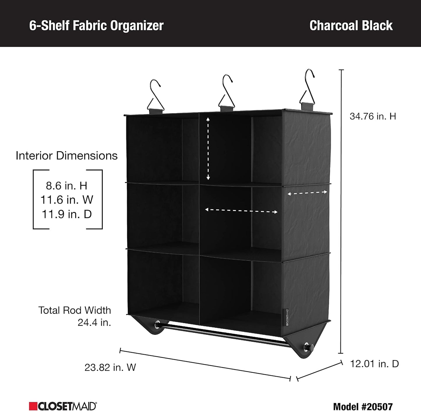 ClosetMaid 10-Shelf Fabric Hanging Shoe Storage Organizer for Closet, Charcoal Black