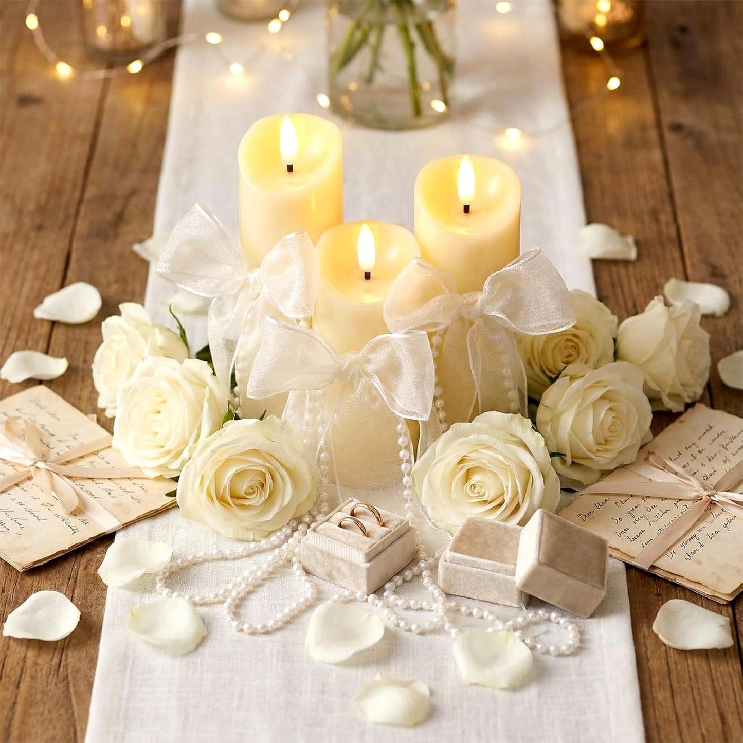 VIHOSE 3 Set/10 Pcs Pearl Bow Flameless Candles with Remote, Ivory LED Pillar Candle Set with Pearl Chain Organza Ribbon, Flameless Flickering Candles for Wedding Bridal Shower Church Decoration