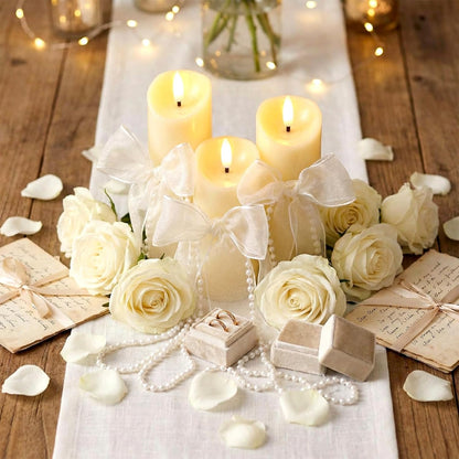 VIHOSE 3 Set/10 Pcs Pearl Bow Flameless Candles with Remote, Ivory LED Pillar Candle Set with Pearl Chain Organza Ribbon, Flameless Flickering Candles for Wedding Bridal Shower Church Decoration